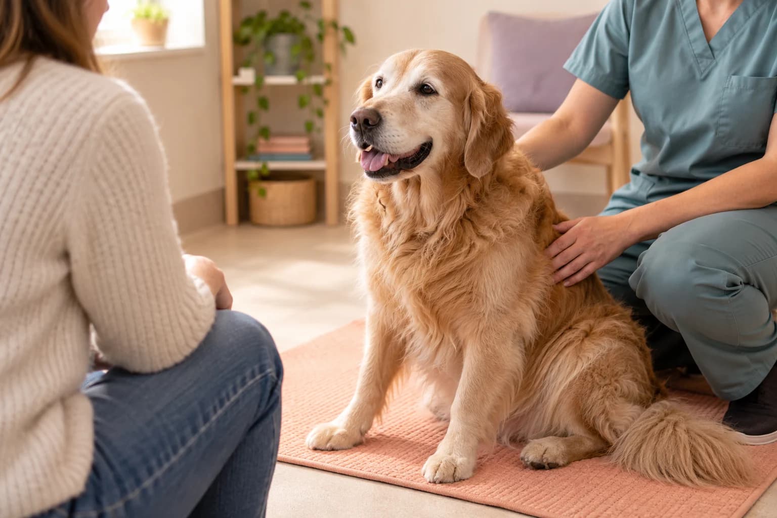 AI illustration: an older golden retriever receiving gentle attention in a consultation room.
