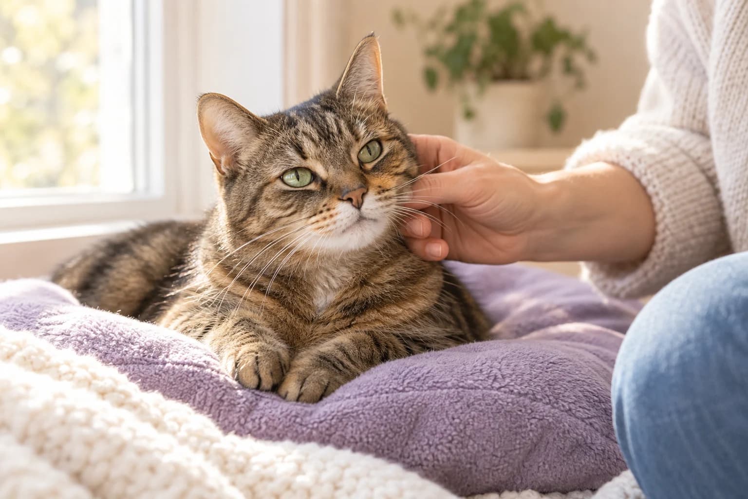 AI illustration: a tabby cat resting comfortably beside its person at home.