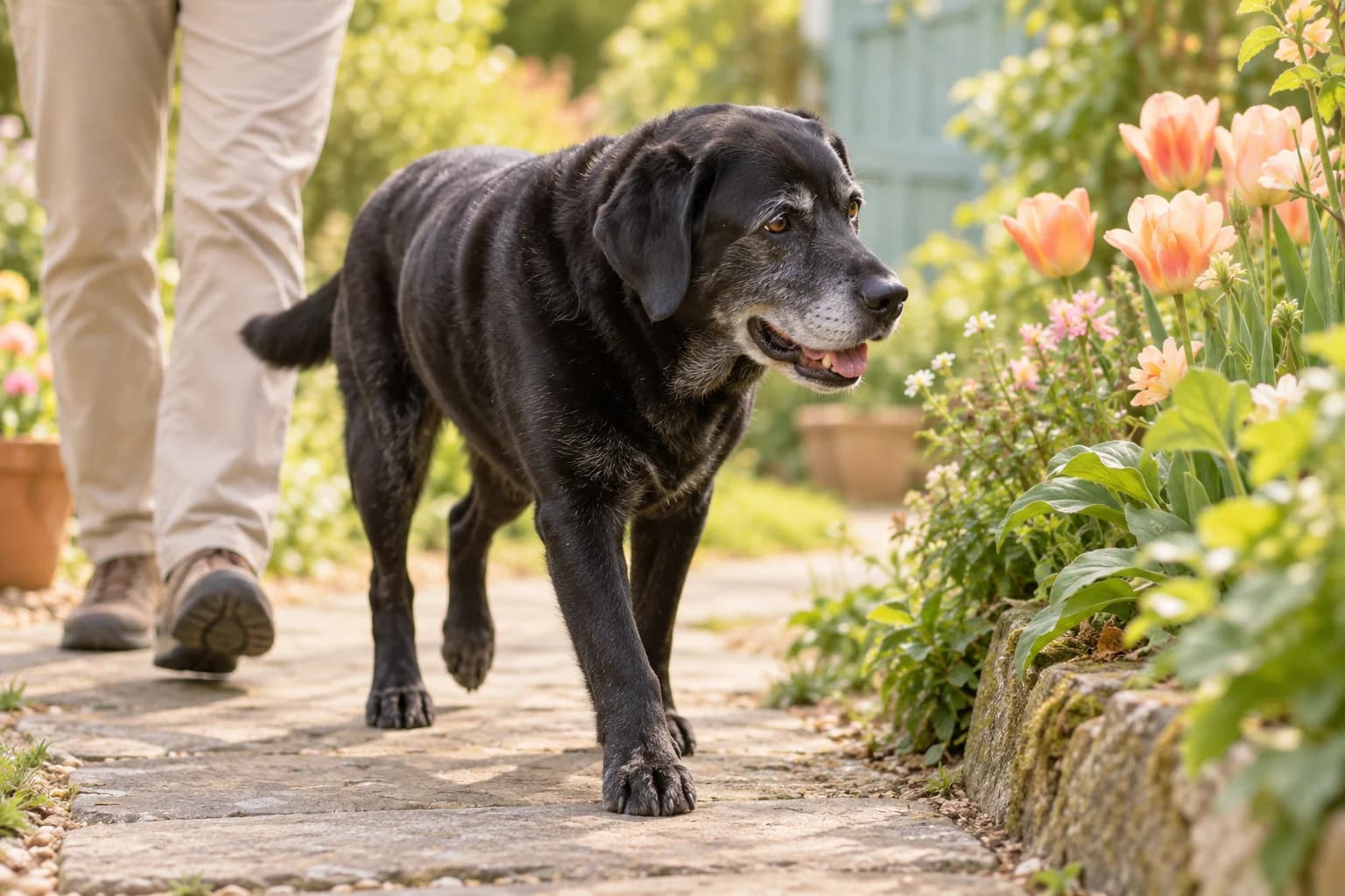 AI illustration: an older Labrador enjoying a gentle garden walk with its person.