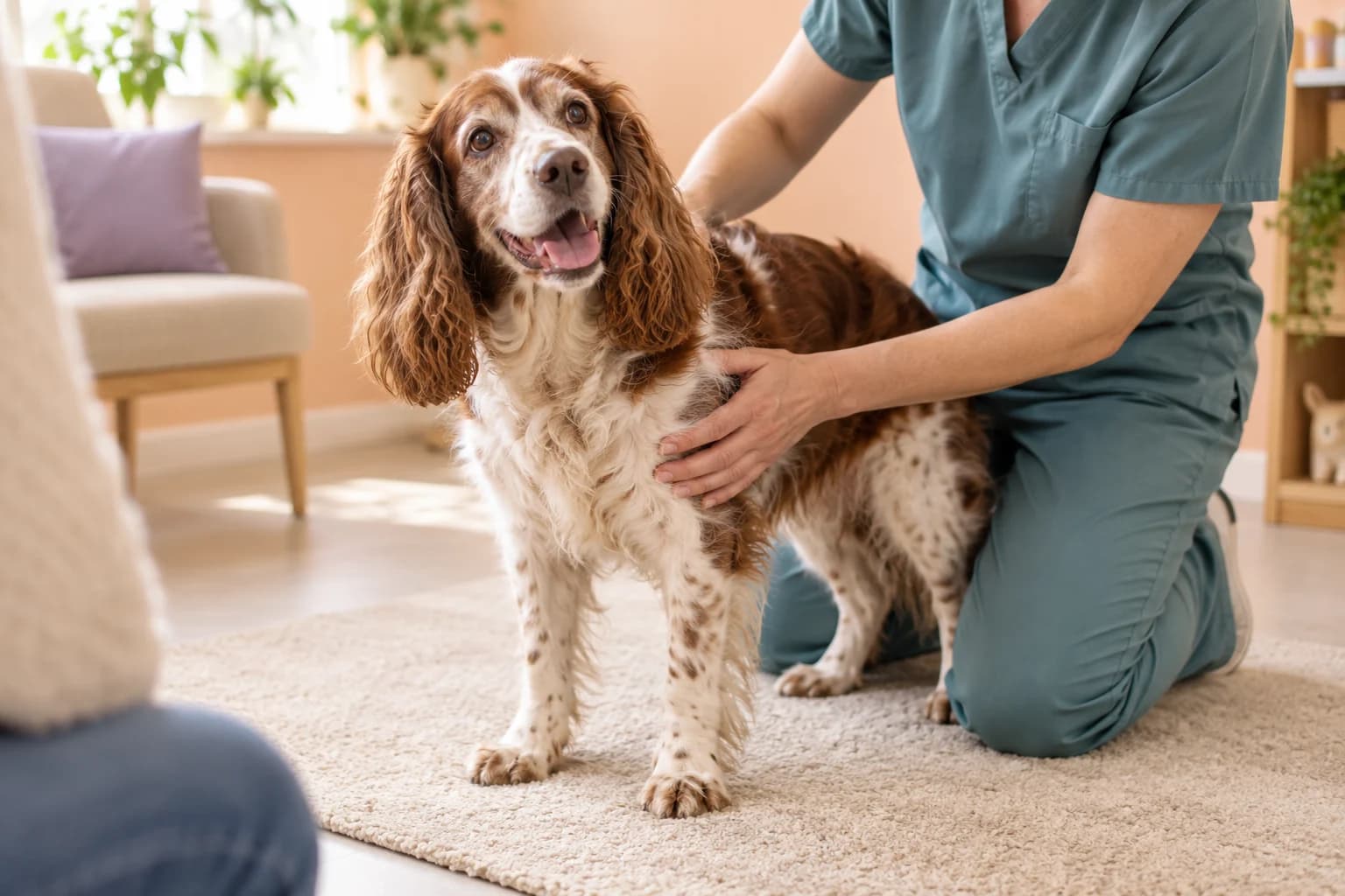 AI illustration: a spaniel receiving a calm, gentle assessment on a rug.