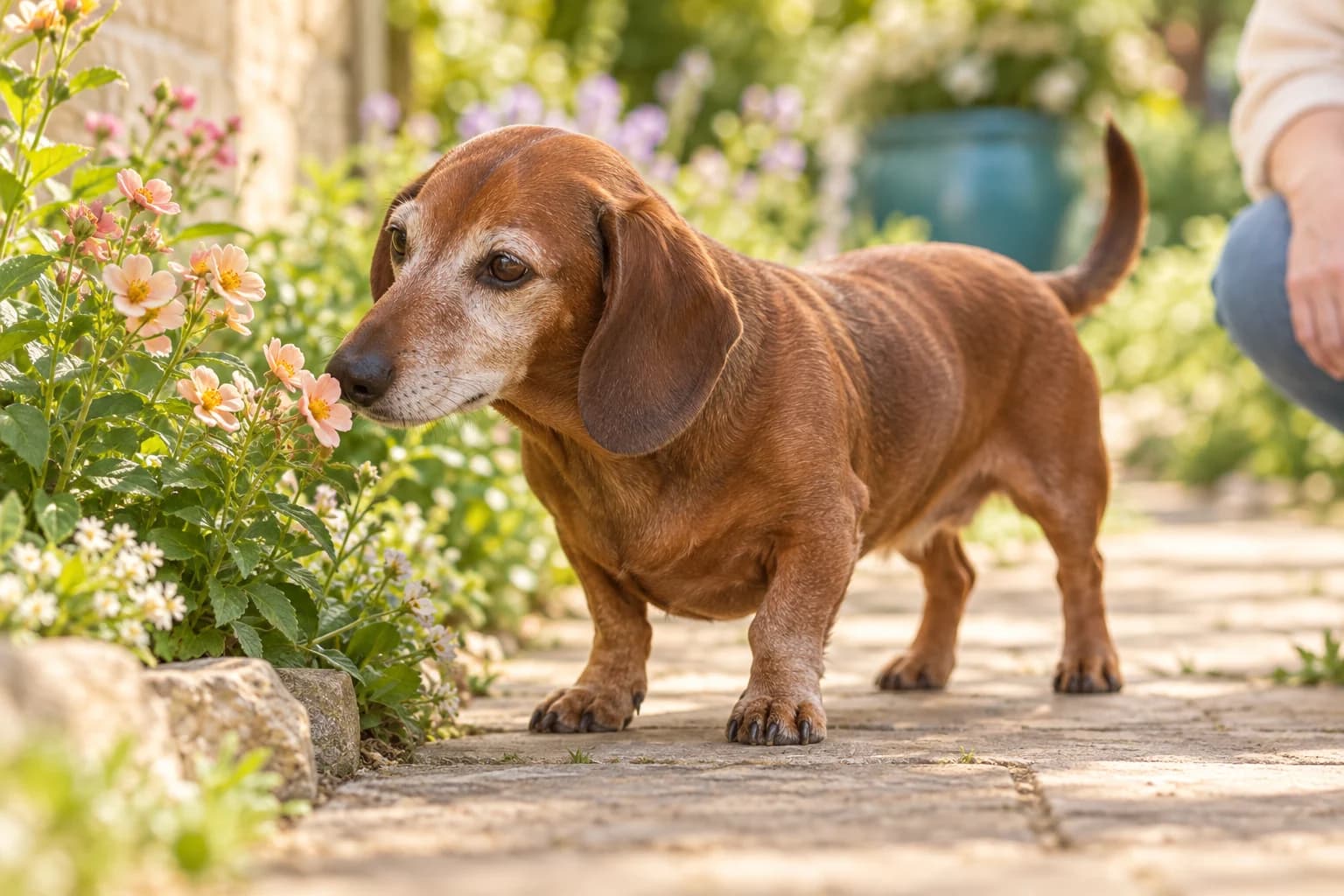 AI illustration: an older dachshund enjoying the flowers beside a garden path.