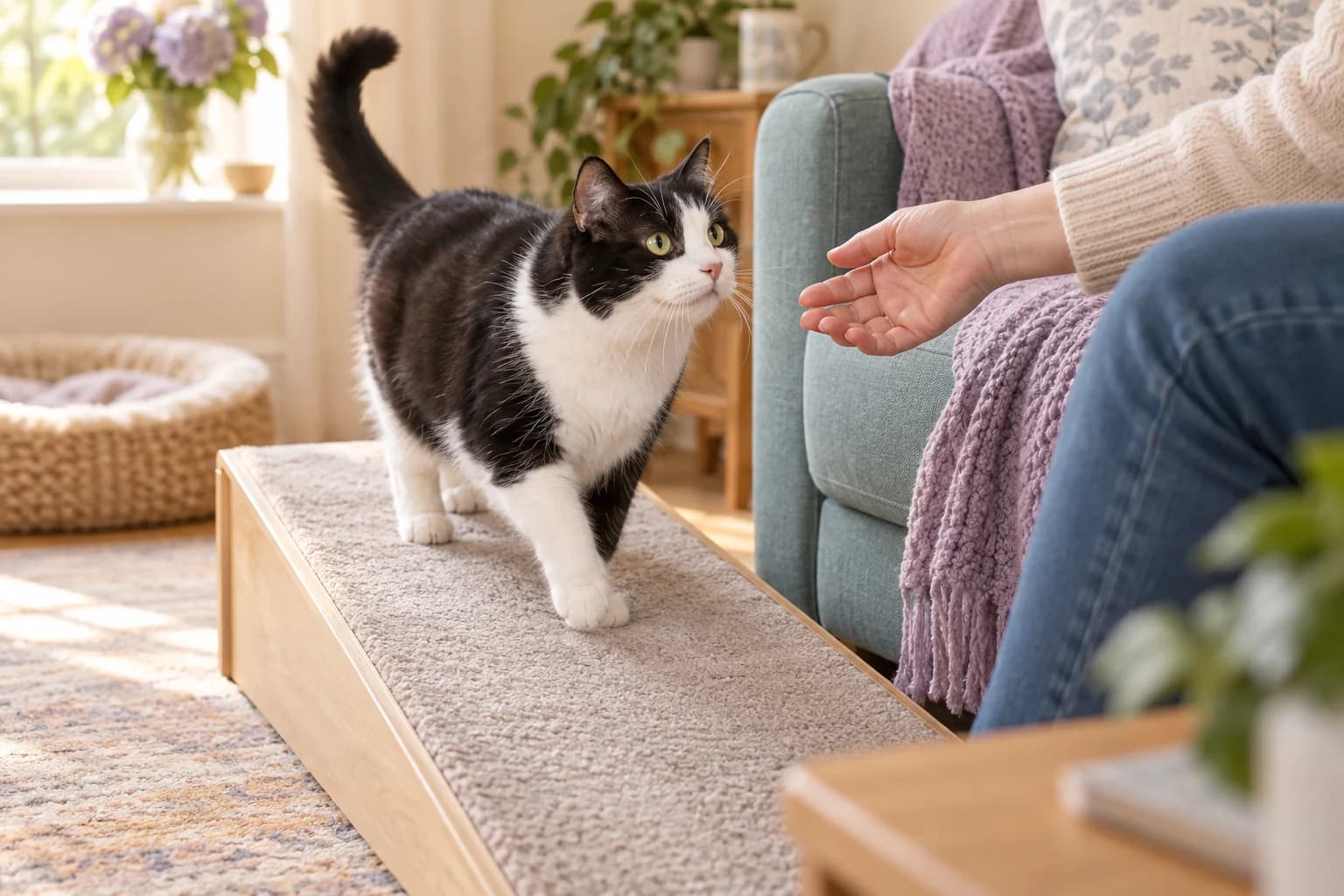 AI illustration: a black-and-white cat approaching its person using a low pet ramp.