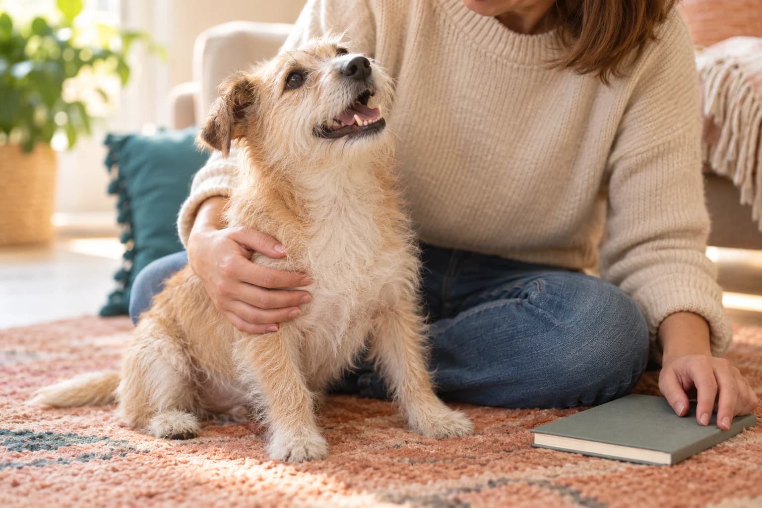AI illustration: an older terrier sharing a comfortable moment with its person at home.