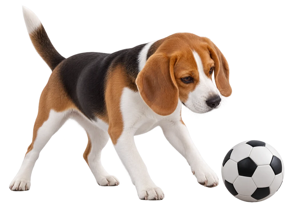 AI illustration: a playful beagle approaching a football