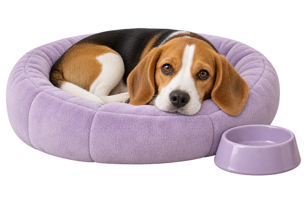 AI illustration: a beagle resting in a lilac bed
