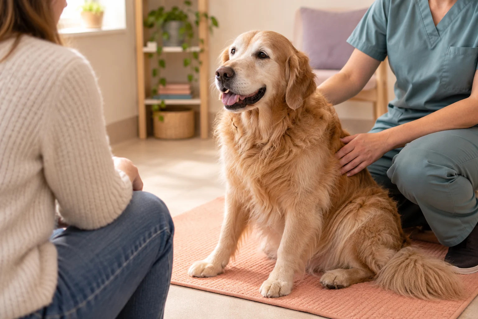 AI illustration: an older golden retriever receiving gentle attention in a consultation room