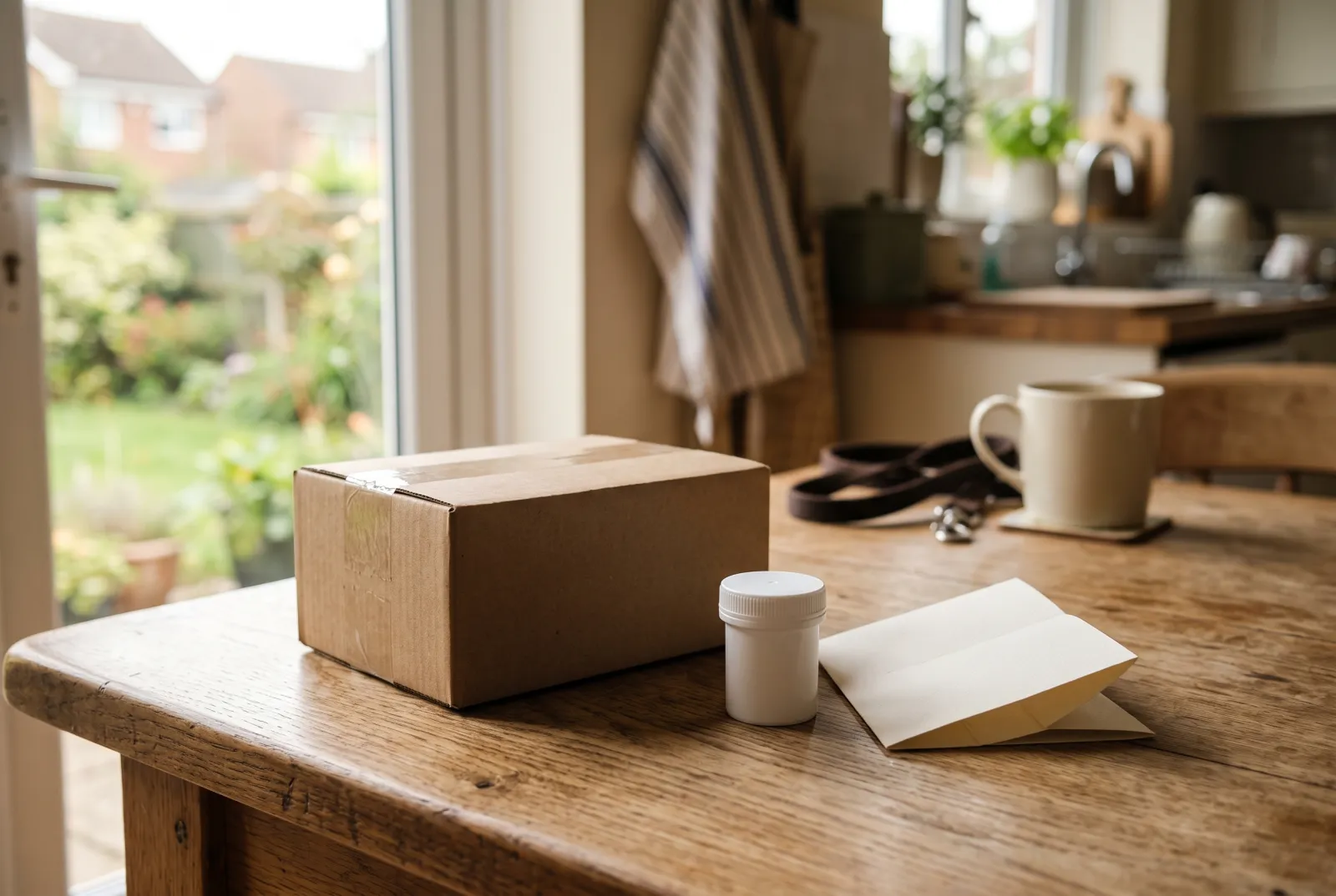 AI illustration: a small postal box, a sample pot and a folded card on a kitchen table