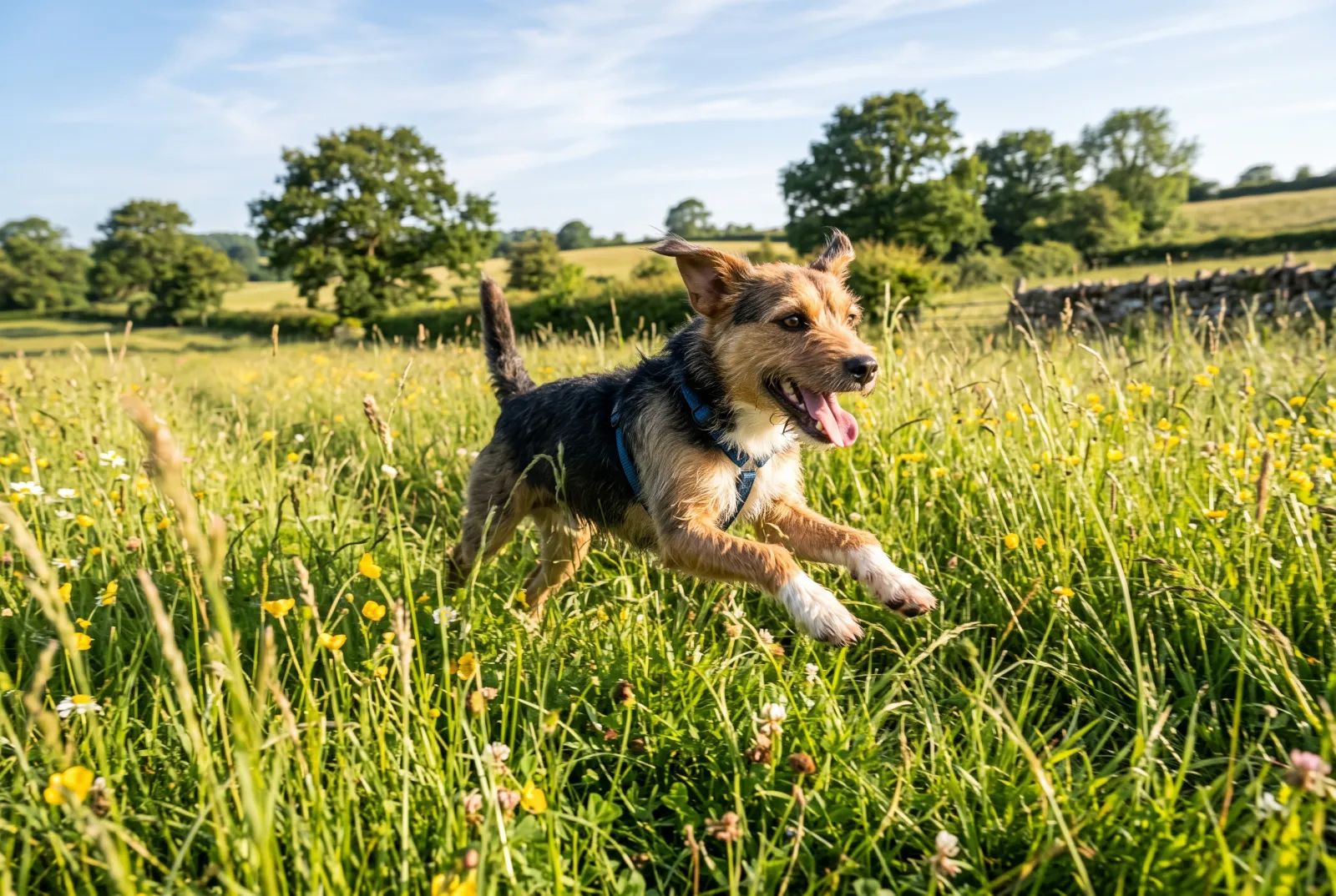 AI illustration: a crossbreed dog running through long meadow grass