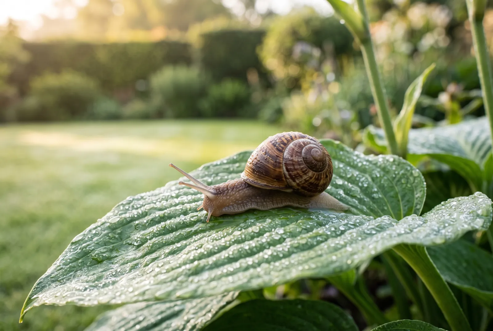 AI illustration: a garden snail on a wet leaf at dawn